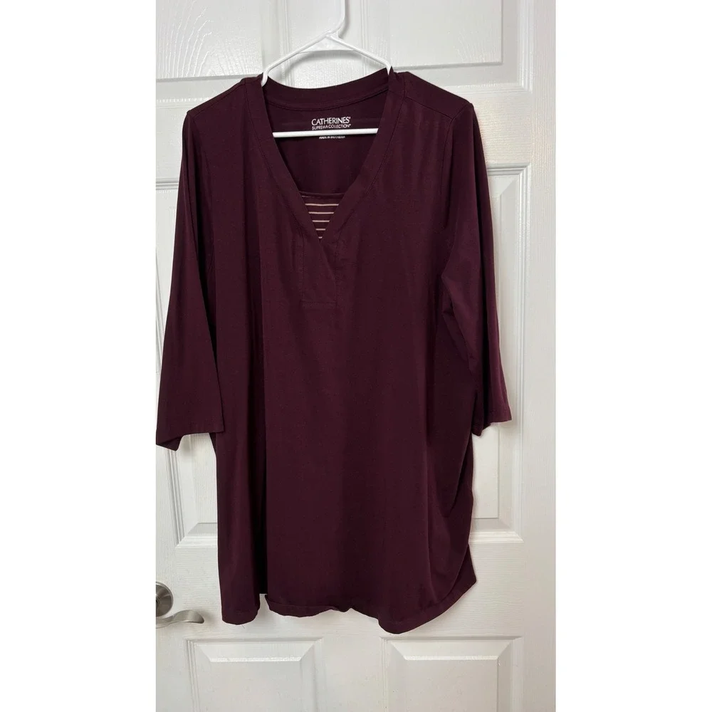 Catherines Suprema Collection Burgundy Split Neck Tunic Top 1X 18/20W 3/4 Sleeve
